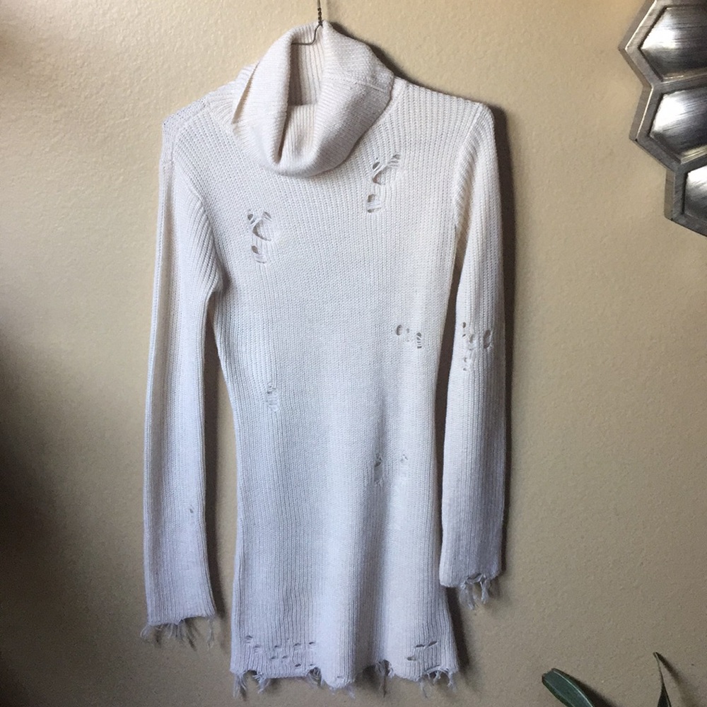 Distressed turtleneck sweater dress